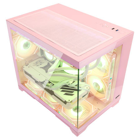 Hoengager Gaming PC Pink High-angle perspective view of Hoengager pink gaming PC with warm yellow and green ARGB lighting