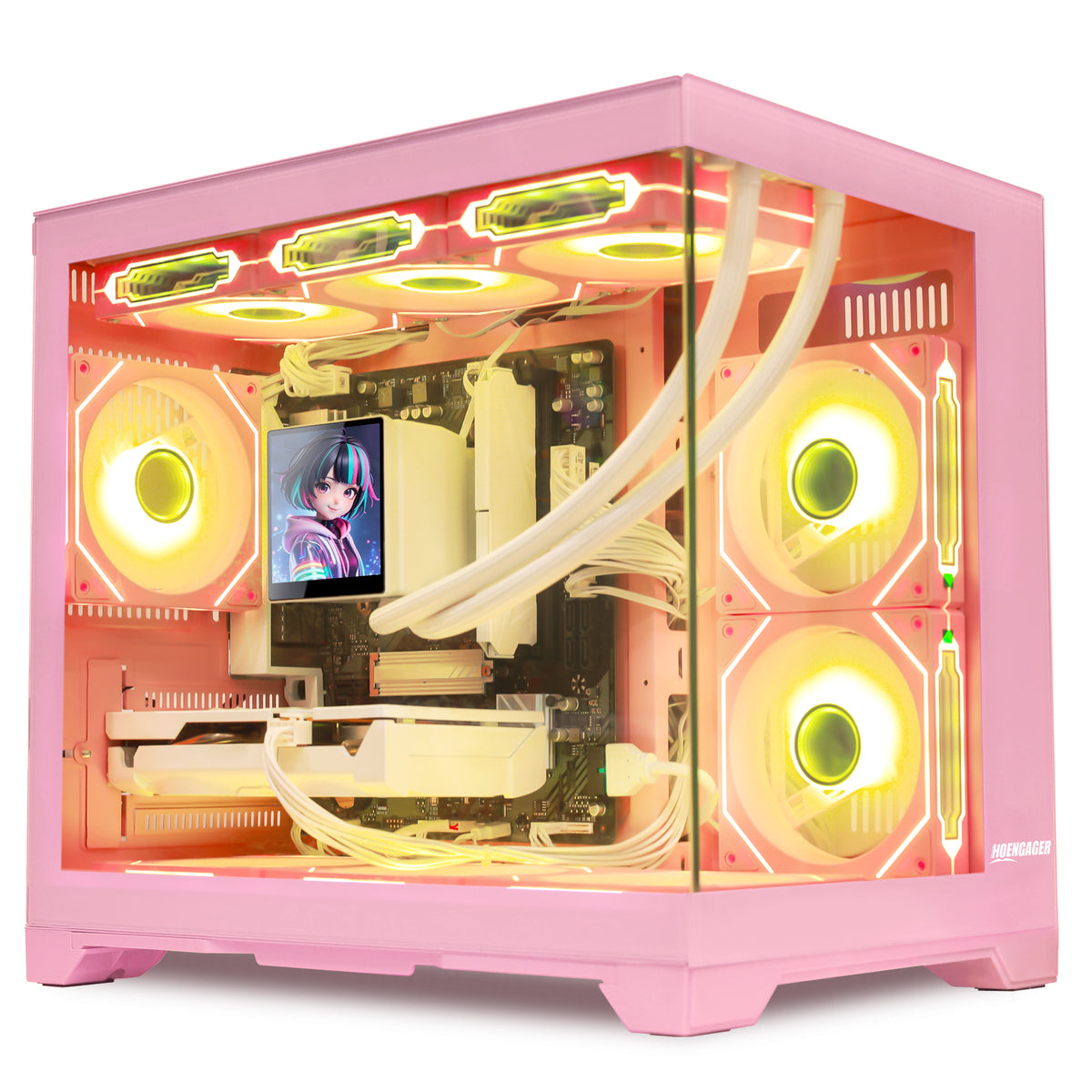 Hoengager Macaron pink gaming desktop computer with Ryzen 9700X CPU and Radeon RX 5060 Ti 8GB GPU, highlighting custom anime character displayed on the AIO liquid cooler screen.