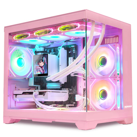 Hoengager Macaron gaming PC featuring Ryzen 9700X and Radeon RX 5060 Ti 8GB, pink aesthetic chassis with rainbow ARGB fans and custom anime LCD CPU cooler display.