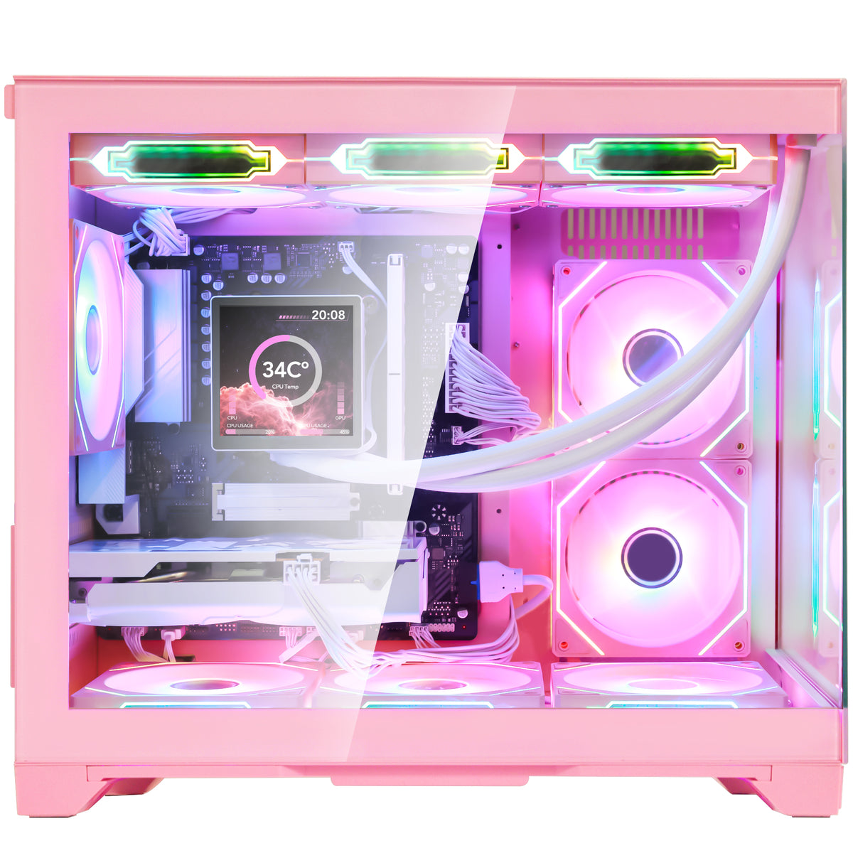 Detailed view inside Hoengager Macaron pink gaming PC with Ryzen 9700X and Radeon RX 9070 XT, highlighting liquid cooling tubes and ARGB lighting effects.