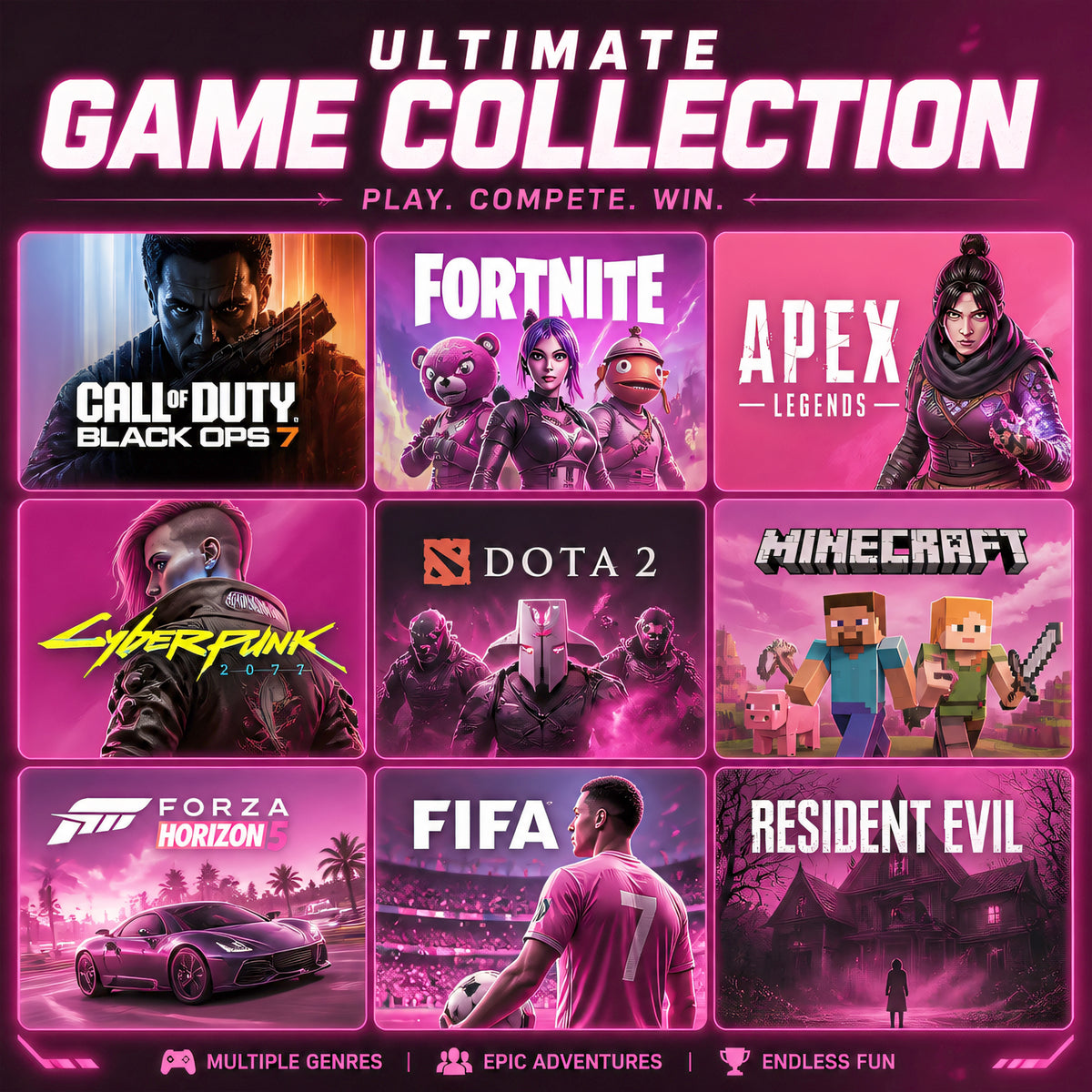 Promotional game collection banner for Hoengager Macaron gaming desktop computer with Ryzen 9700X and Radeon RX 9070 XT, featuring Call of Duty, Fortnite, Apex Legends, Cyberpunk 2077, and more.