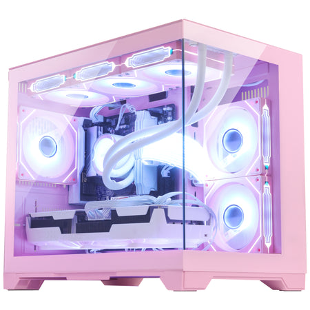 Hoengager Gaming PC Pink Close-up view of white Ryzen 9700X CPU Radeon RX 9070 GRE 12GB graphics card inside the pink desktop case