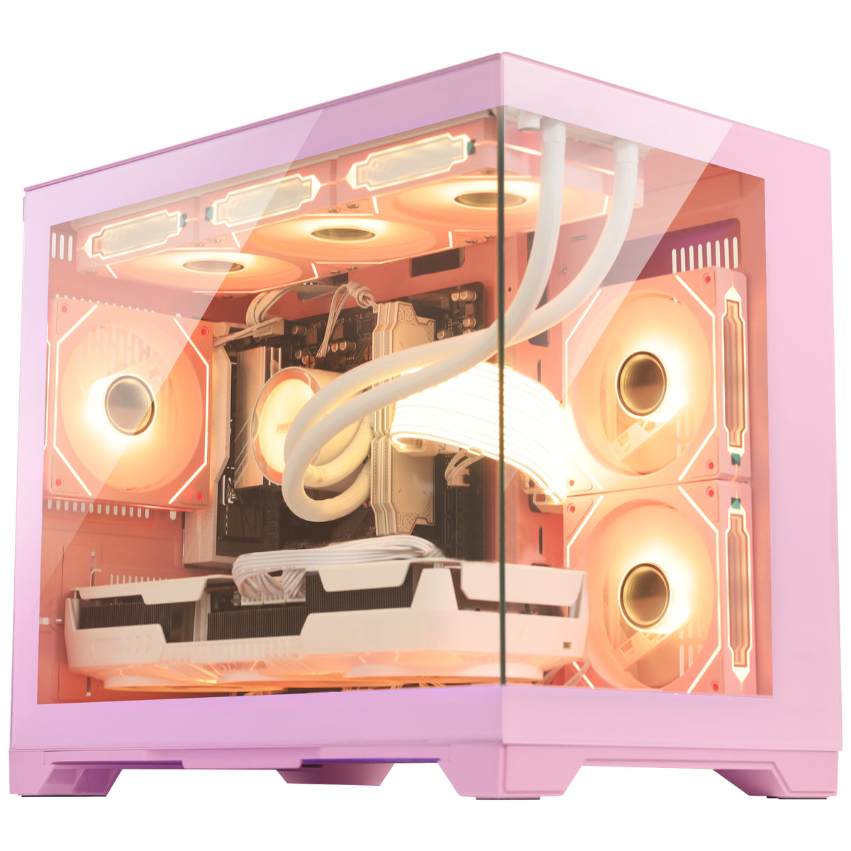 Hoengager Gaming PC Pink Side exterior view of the pink Hoengager PC case featuring side ventilation airflow grilles