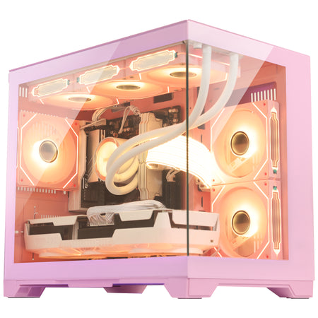 Hoengager Gaming PC Pink Side exterior view of the pink Hoengager PC case featuring side ventilation airflow grilles