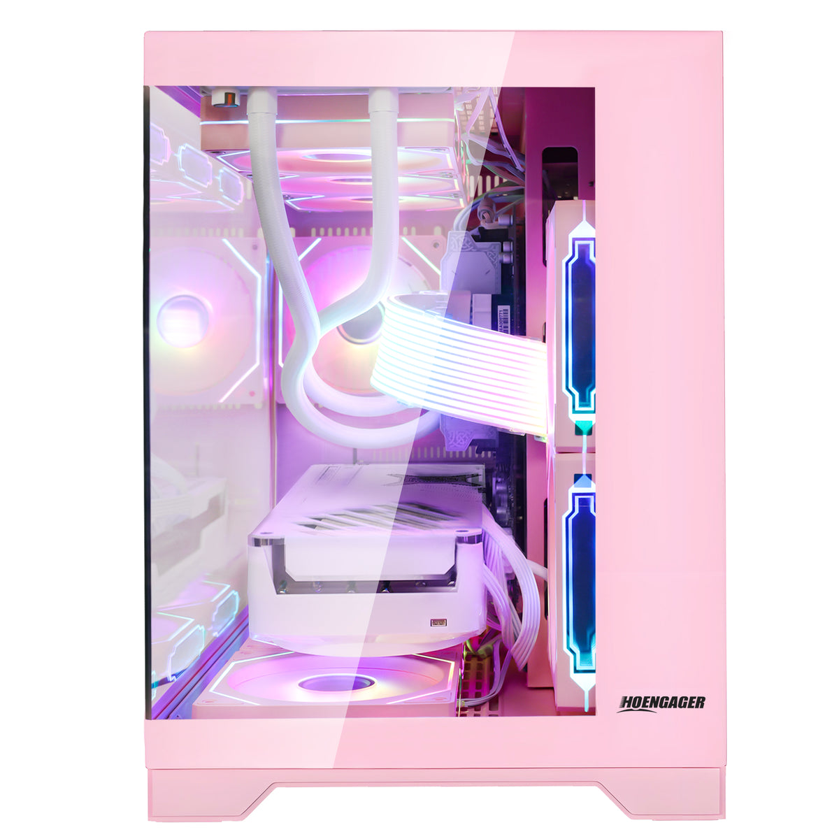 Hoengager Pink Gaming Desktop PC - Full system showcase on white background