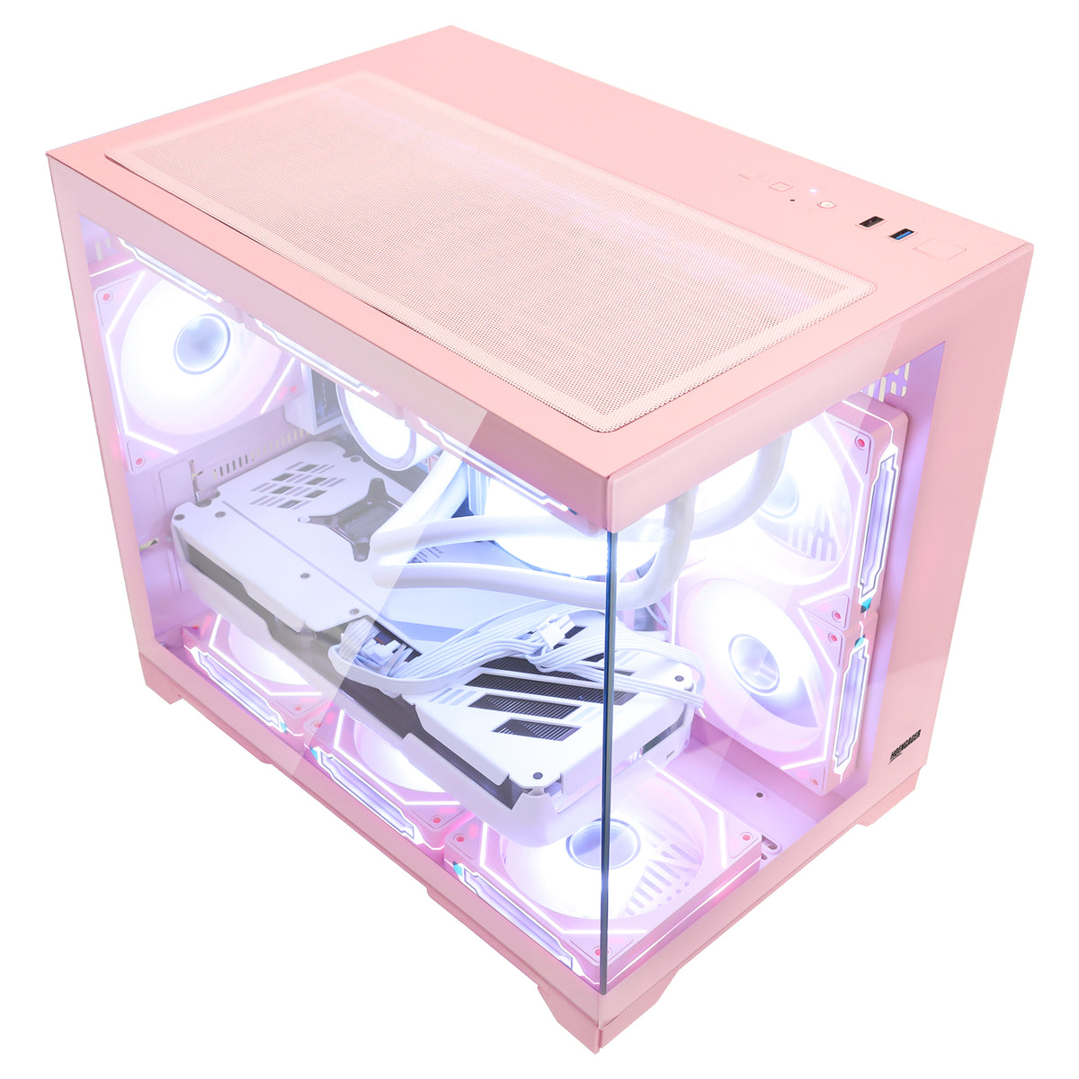 Hoengager Gaming PC Pink High-angle perspective view of Hoengager pink gaming PC case with white ARGB fan lighting