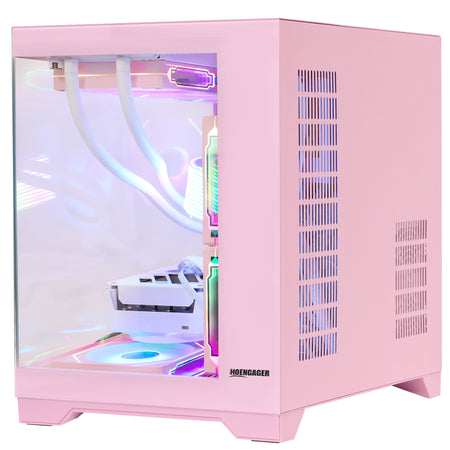 Hoengager Gaming PC Pink Side angle view of pink Hoengager gaming PC showcasing AIO liquid cooler and chassis fans
