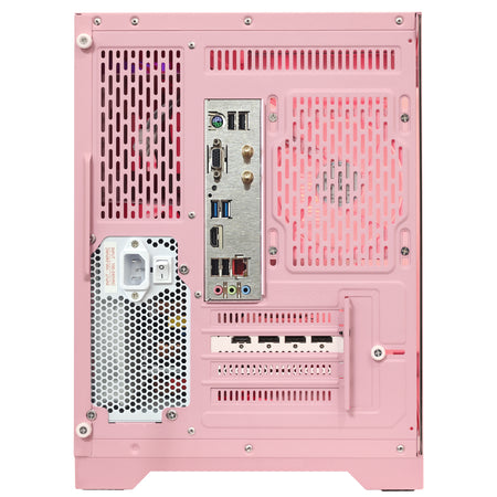 Hoengager Gaming PC Pink Rear I/O panel view of pink gaming PC showing motherboard ports, GPU outputs, and power input