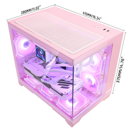 Dimensional diagram of Hoengager Macaron pink gaming desktop computer with Ryzen 9800X3D and Radeon RX 5060, displaying case measurements of 280mm width, 415mm length, and 375mm height.