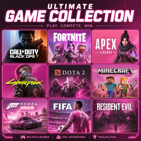 Promotional game collection banner for Hoengager Macaron gaming desktop computer with Ryzen 9800X3D and Radeon RX 5060 TI 8G, featuring Call of Duty, Fortnite, Apex Legends, Cyberpunk 2077, and more.