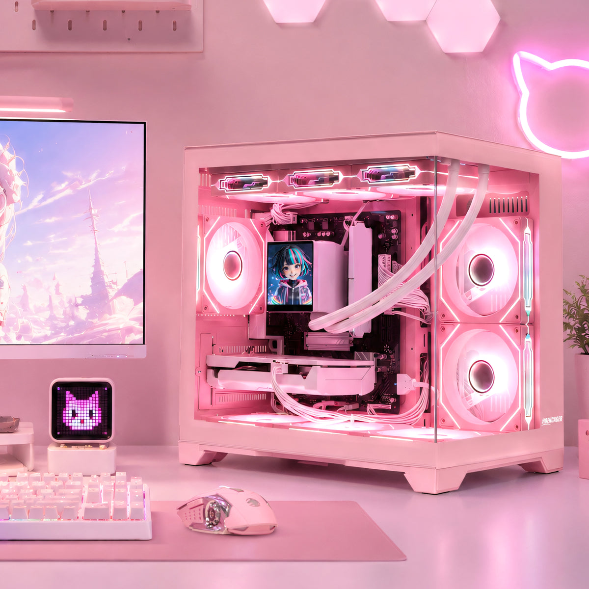Hoengager Macaron pink gaming PC set up on a desk with Ryzen 9800X3D CPU and Radeon RX 5060 TI 8G GPU, styled with matching pink setup, monitor, mechanical keyboard, and gaming mouse.