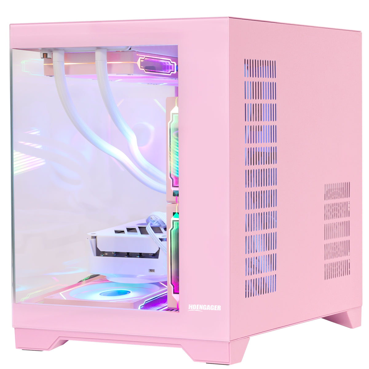 Side angle of Hoengager Macaron pink gaming desktop computer case showing ventilation mesh, dual-chamber layout, and ARGB fan lighting for Ryzen 9800X3D and Radeon RX 5060 TI 8G configuration.