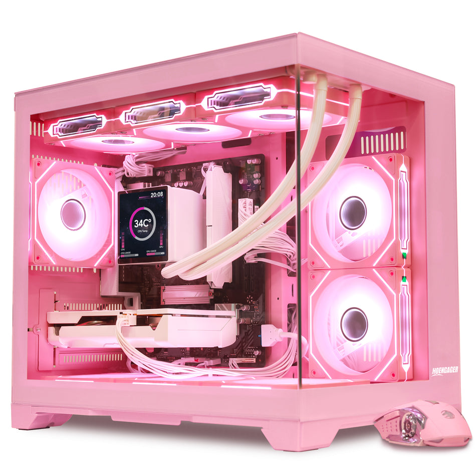 Hoengager Macaron pink gaming PC desktop computer featuring Ryzen 9800X3D CPU and Radeon RX 5070 Ti GPU, dual-chamber glass case with pink ARGB lighting and matching pink gaming mouse.