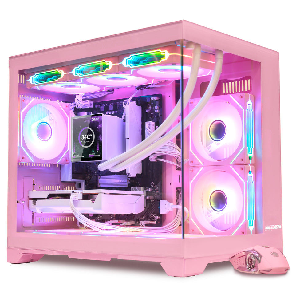 Hoengager Macaron gaming desktop computer in pink with Ryzen 9800X3D and Radeon RX 5070 Ti, showcasing AIO liquid cooler with temperature display and vibrant ARGB illumination.