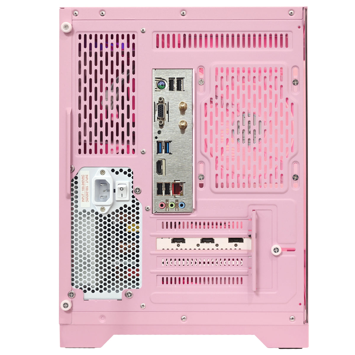 Rear panel view of Hoengager Macaron pink gaming PC showing motherboard I/O ports, GPU DisplayPort and HDMI outputs, power supply unit, and cooling vents for Ryzen 9800X3D and Radeon RX 9060 XT system.