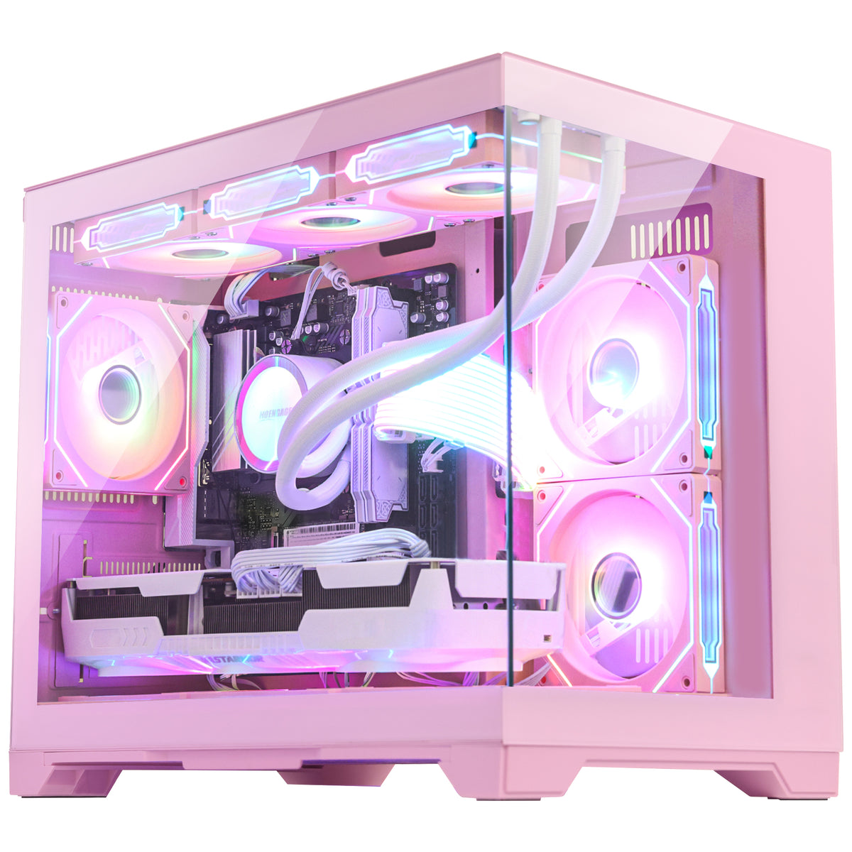 Hoengager Pink Gaming Desktop PC featuring AMD Ryzen 5 9800X3D and Radeon RX 9070 GRE 12GB - Front view