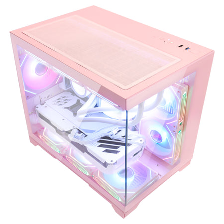 Hoengager Gaming PC Pink Isometric view of Hoengager pink gaming desktop PC with vibrant multi-color ARGB fan lighting