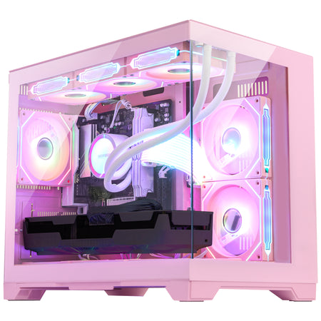 Main view of Hoengager Gaming PC Ryzen 7 9800x3d RX 9060 XT Liquid Cooled 9000 Series Ultimate Build with panoramic glass case and RGB lighting