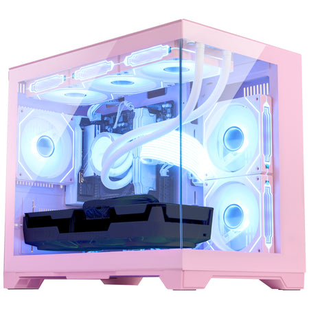Side profile of Hoengager Gaming PC Ryzen 7 9800x3d RX 9060 XT Liquid Cooled 9000 Series Ultimate Build showing internal components and cooling system