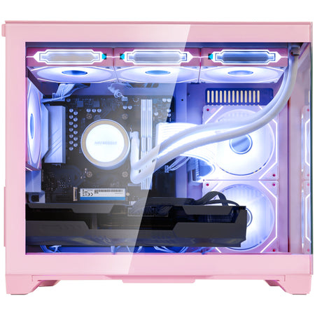 Close-up of Hoengager Gaming PC Ryzen 7 9800x3d RX 9060 XT Liquid Cooled 9000 Series Ultimate Build interior featuring liquid cooling and GPU