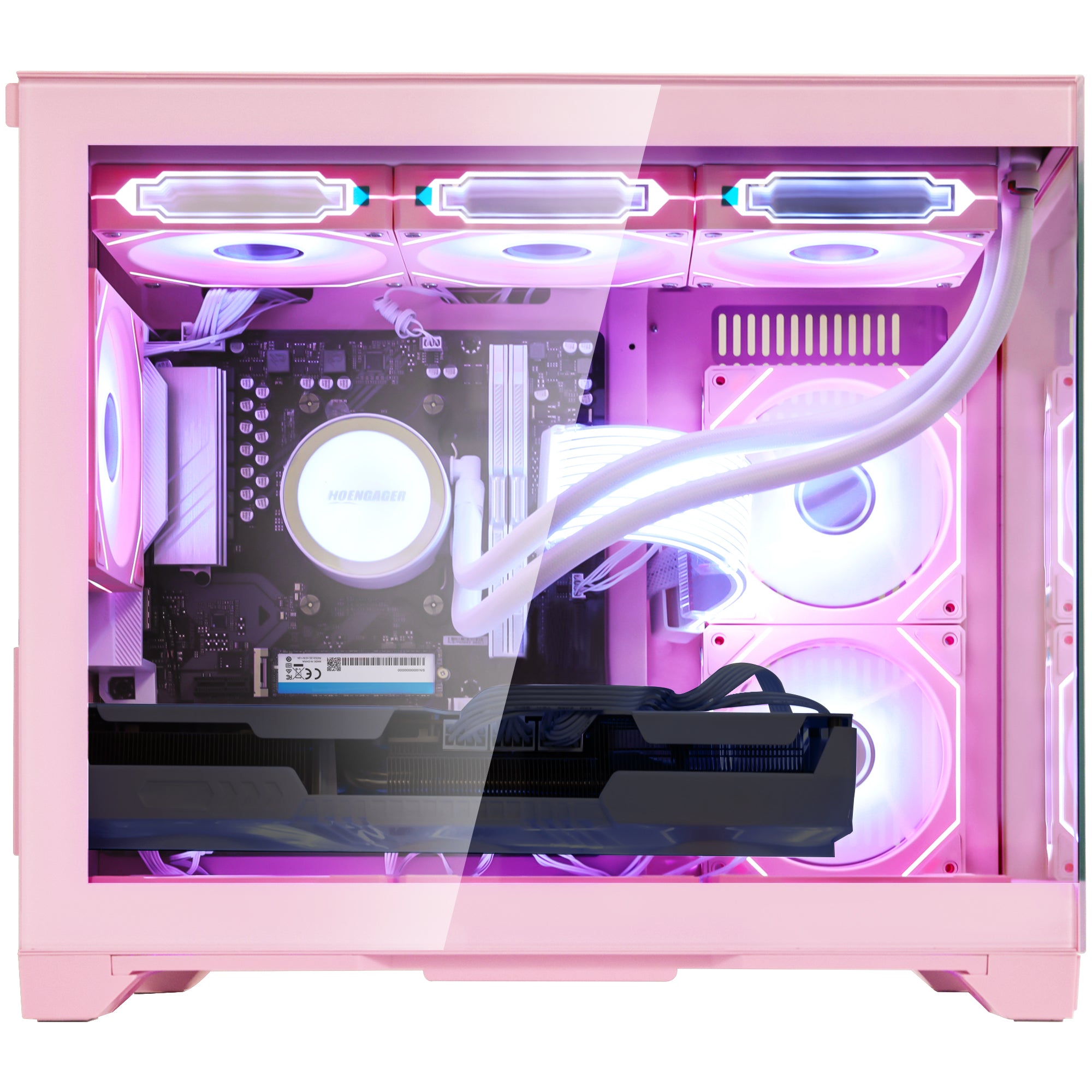 Front view of Hoengager Gaming PC Ryzen 7 9800x3d RX 9060 XT Liquid Cooled 9000 Series Ultimate Build gaming desktop with vibrant RGB fans