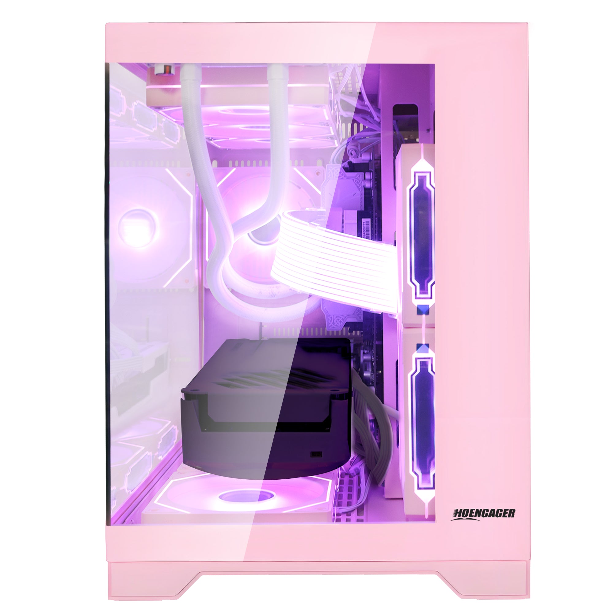 Back panel and connectivity ports of the Hoengager Gaming PC Ryzen 7 9800x3d RX 9060 XT Liquid Cooled 9000 Series Ultimate Build