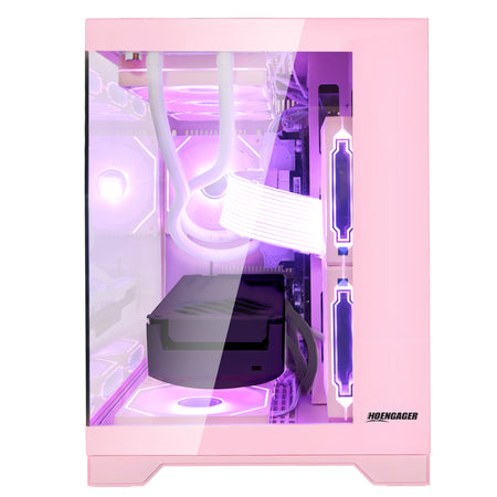 Back panel and connectivity ports of the Hoengager Gaming PC Ryzen 7 9800x3d RX 9060 XT Liquid Cooled 9000 Series Ultimate Build