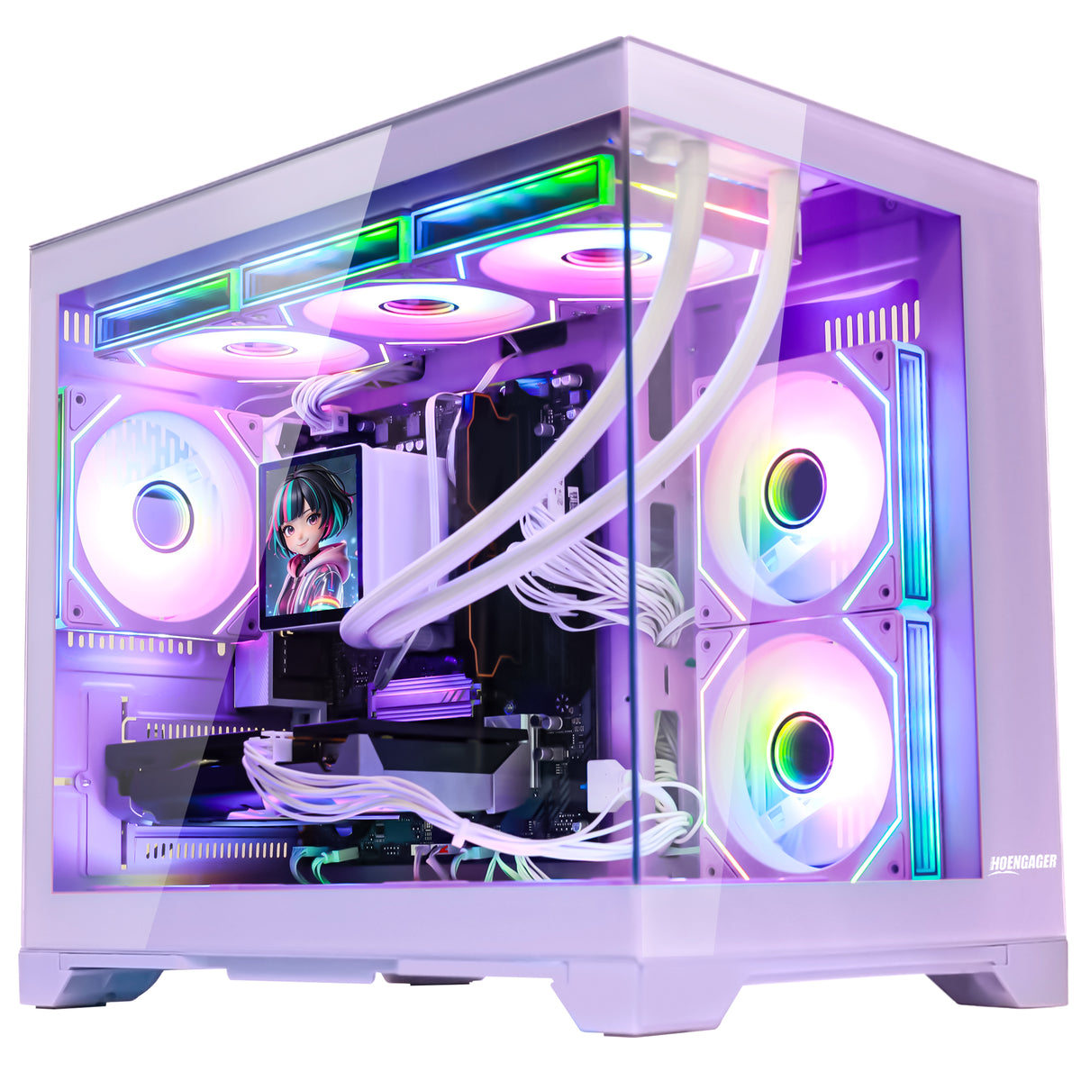 Hoengager Gaming PC RGB Color Front view auto RGB by software purple case GeForce RTX 5060 Ti 16GB AMD Ryzen 5 9600X Software Control RGB AIO LCD Cooler with Custom Images & GIFs