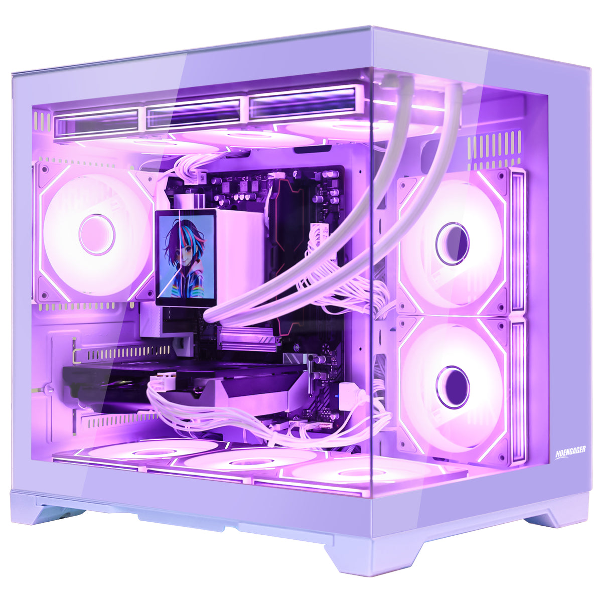 Hoengager Gaming PC RGB Color Front view auto RGB by software purple case GeForce RTX 5070 12GB AMD Ryzen 5 9600X Software Control RGB AIO LCD Cooler with Custom Images & GIFs