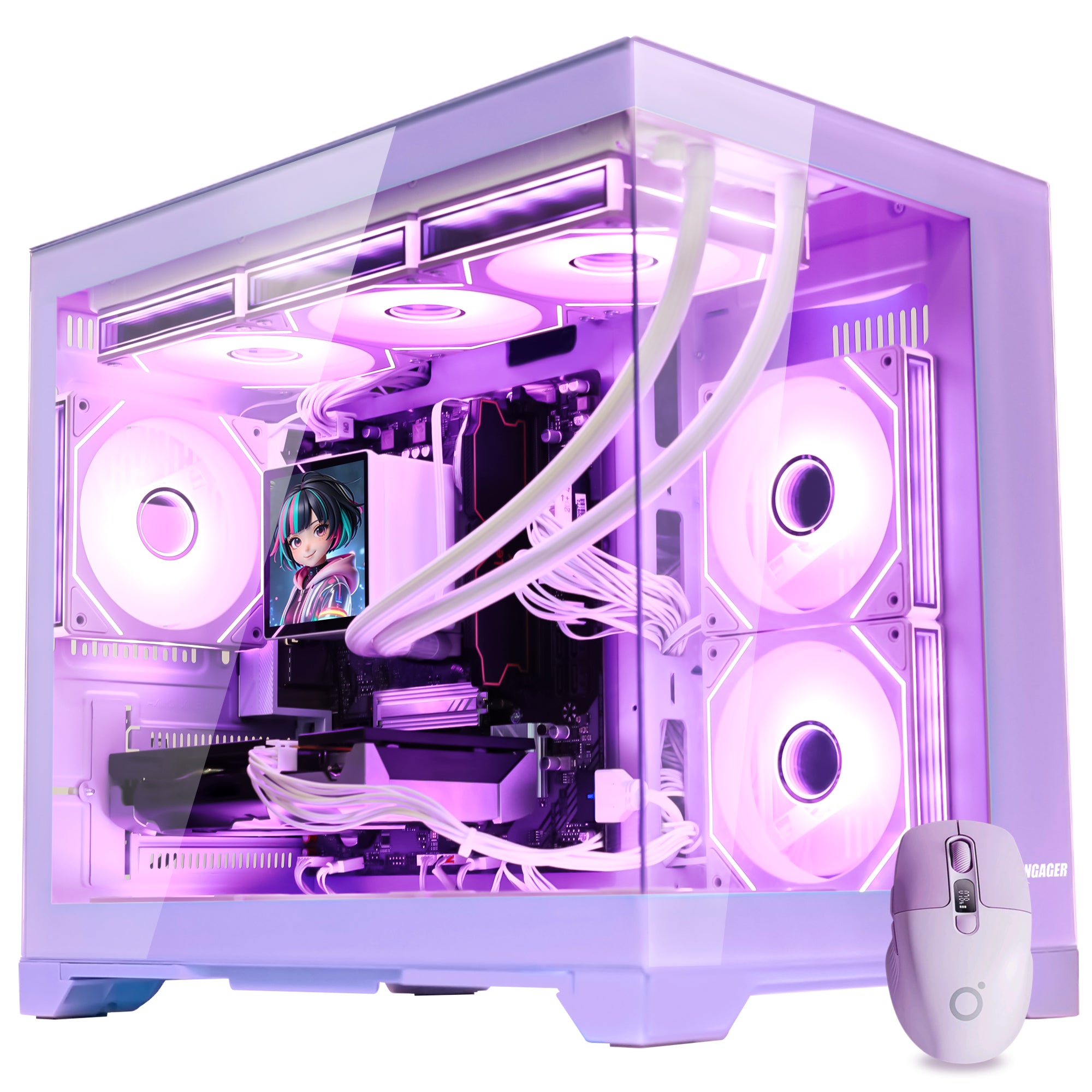 Hoengager Gaming PC RGB Color upward view auto RGB by software with purple mouse purple case GeForce RTX 5070 12GB AMD Ryzen 5 9600X Software Control RGB AIO LCD Cooler with Custom Images & GIFs