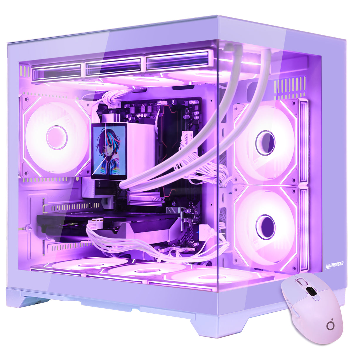 Hoengager Gaming PC RGB Color Front view auto RGB by software with purple mouse purple case GeForce RTX 5070 12GB AMD Ryzen 5 9600X Software Control RGB AIO LCD Cooler with Custom Images & GIFs