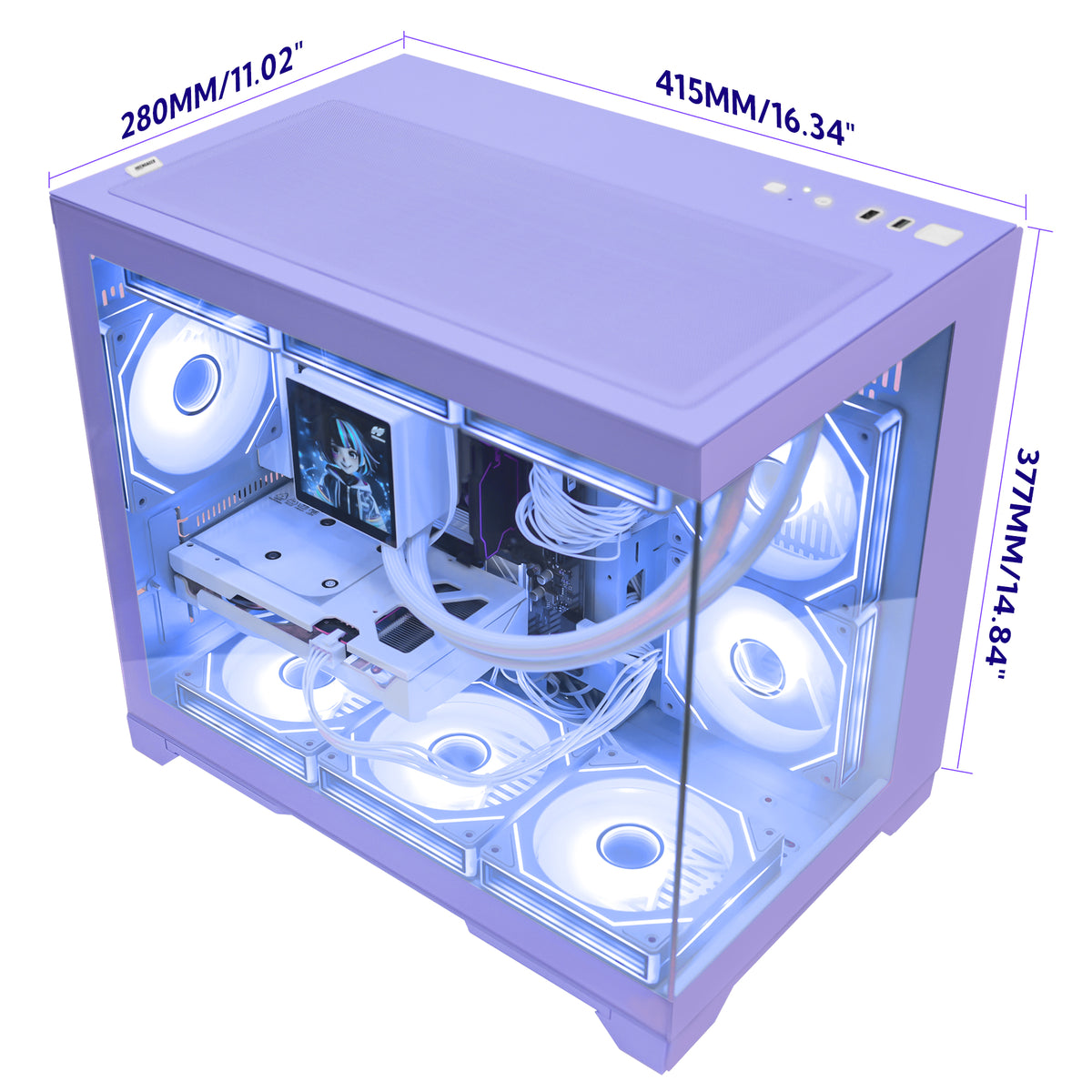 Hoengager Gaming PC RGB High-angle shot with dimensions GeForce RTX 5070 12GB AMD Ryzen 5 9600X Software Control RGB AIO LCD Cooler with Custom Images & GIFs