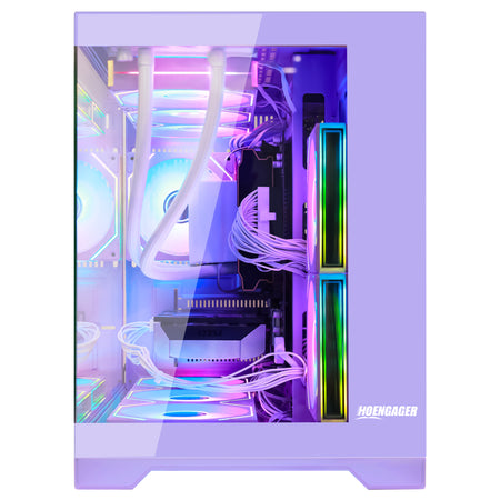 Hoengager Gaming PC RGB Color Side view auto RGB by software purple case GeForce RTX 5060 Ti 16GB AMD Ryzen 7 9700X Software Control RGB AIO LCD Cooler with Custom Images & GIFs