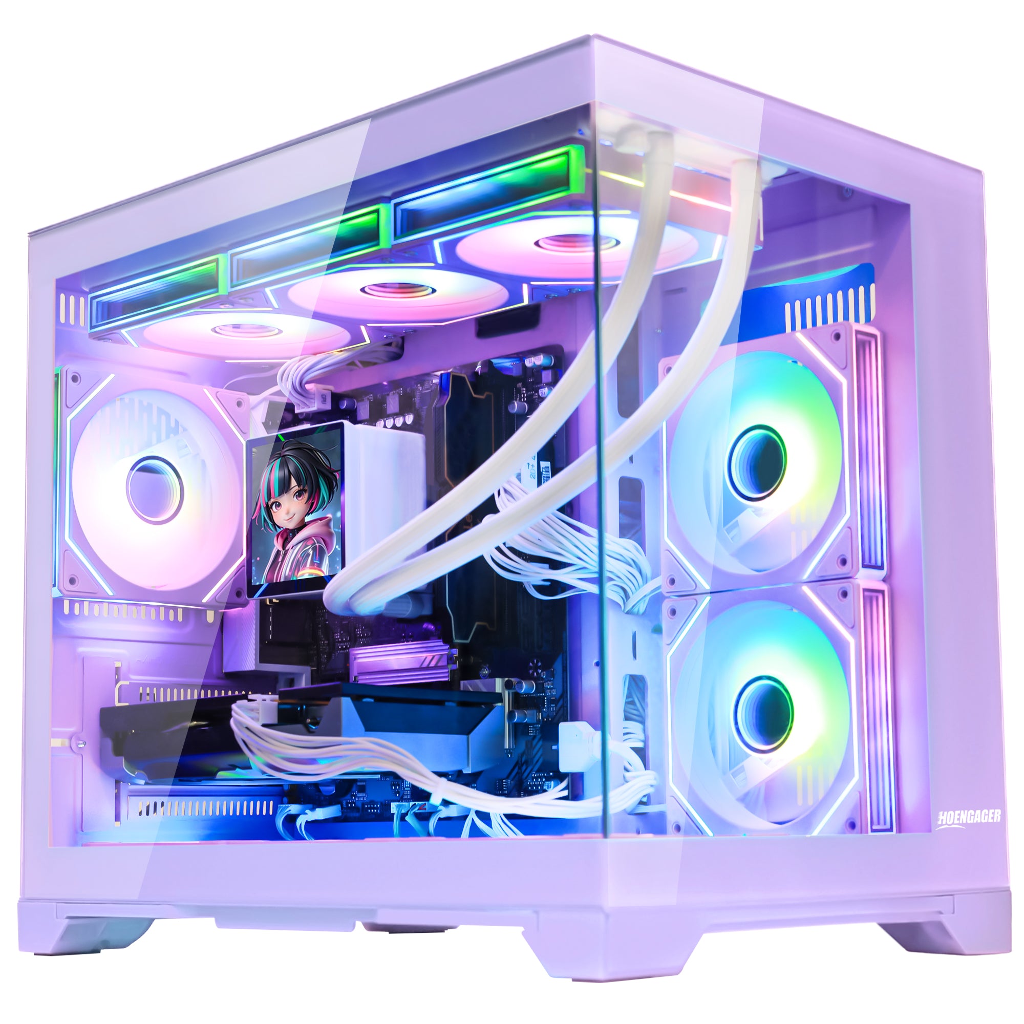 Hoengager Gaming PC RGB Color Front view auto RGB by software purple case GeForce RTX 5060 Ti 16GB AMD Ryzen 7 9700X Software Control RGB AIO LCD Cooler with Custom Images & GIFs