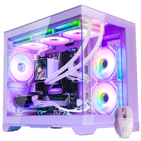 Hoengager Gaming PC RGB Color Front view auto RGB by software with purple mouse purple case GeForce RTX 5070 12GB AMD Ryzen 7 9700X Software Control RGB AIO LCD Cooler with Custom Images & GIFs