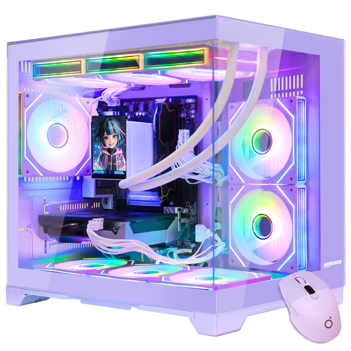 Hoengager Gaming PC RGB Color Front view auto RGB by software with purple mouse purple case GeForce RTX 5070 12GB AMD Ryzen 7 9700X Software Control RGB AIO LCD Cooler with Custom Images & GIFs