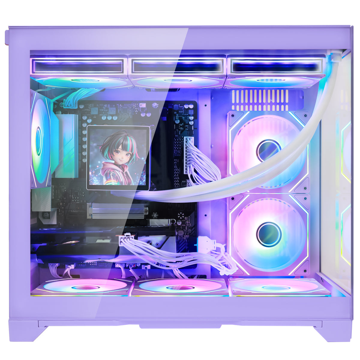Hoengager Gaming PC RGB Color Straight Front view auto colorful RGB by software purple case GeForce RTX 5070 12GB AMD Ryzen 7 9700X Software Control RGB AIO LCD Cooler with Custom Images & GIFs