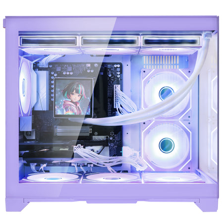 Hoengager Gaming PC RGB Color Straight Front view auto white RGB by software purple case GeForce RTX 5070 12GB AMD Ryzen 7 9700X Software Control RGB AIO LCD Cooler with Custom Images & GIFs