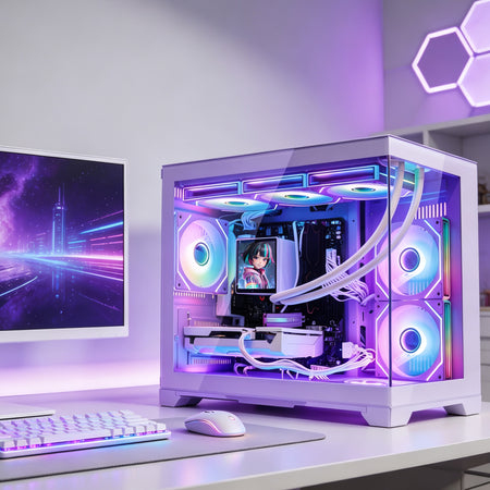 Hoengager Gaming PC on desktop application scenario photo GeForce RTX 5070 12GB AMD Ryzen 7 9700X Software Control RGB AIO LCD Cooler with Custom Images & GIFs