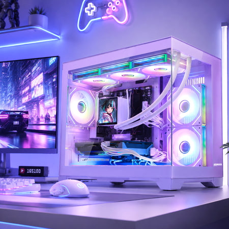 Hoengager Gaming PC on desktop application scenario photo GeForce RTX 5060 Ti 16GB AMD Ryzen 7 9800X3D Software Control RGB AIO LCD Cooler with Custom Images & GIFs