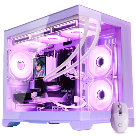 Hoengager Gaming PC RGB Color upward view auto RGB by software with purple mouse purple case GeForce RTX 5070 12GB AMD Ryzen 7 9800X3D Software Control RGB AIO LCD Cooler with Custom Images & GIFs