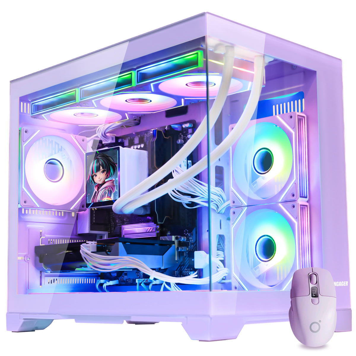Hoengager Gaming PC RGB Color upward view auto RGB by software with purple mouse purple case GeForce RTX 5070 12GB AMD Ryzen 7 9800X3D Software Control RGB AIO LCD Cooler with Custom Images & GIFs