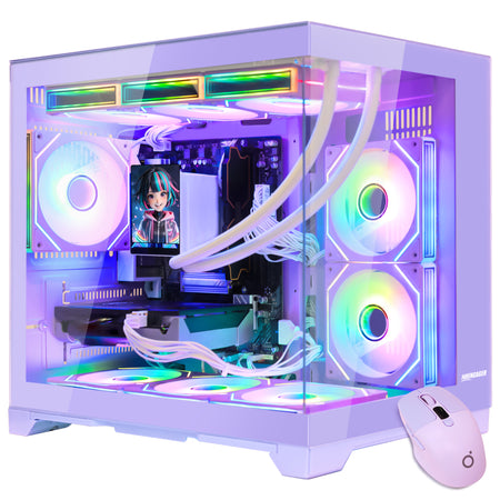 Hoengager Gaming PC RGB Color Front view auto RGB by software with purple mouse purple case GeForce RTX 5070 12GB AMD Ryzen 7 9800X3D Software Control RGB AIO LCD Cooler with Custom Images & GIFs