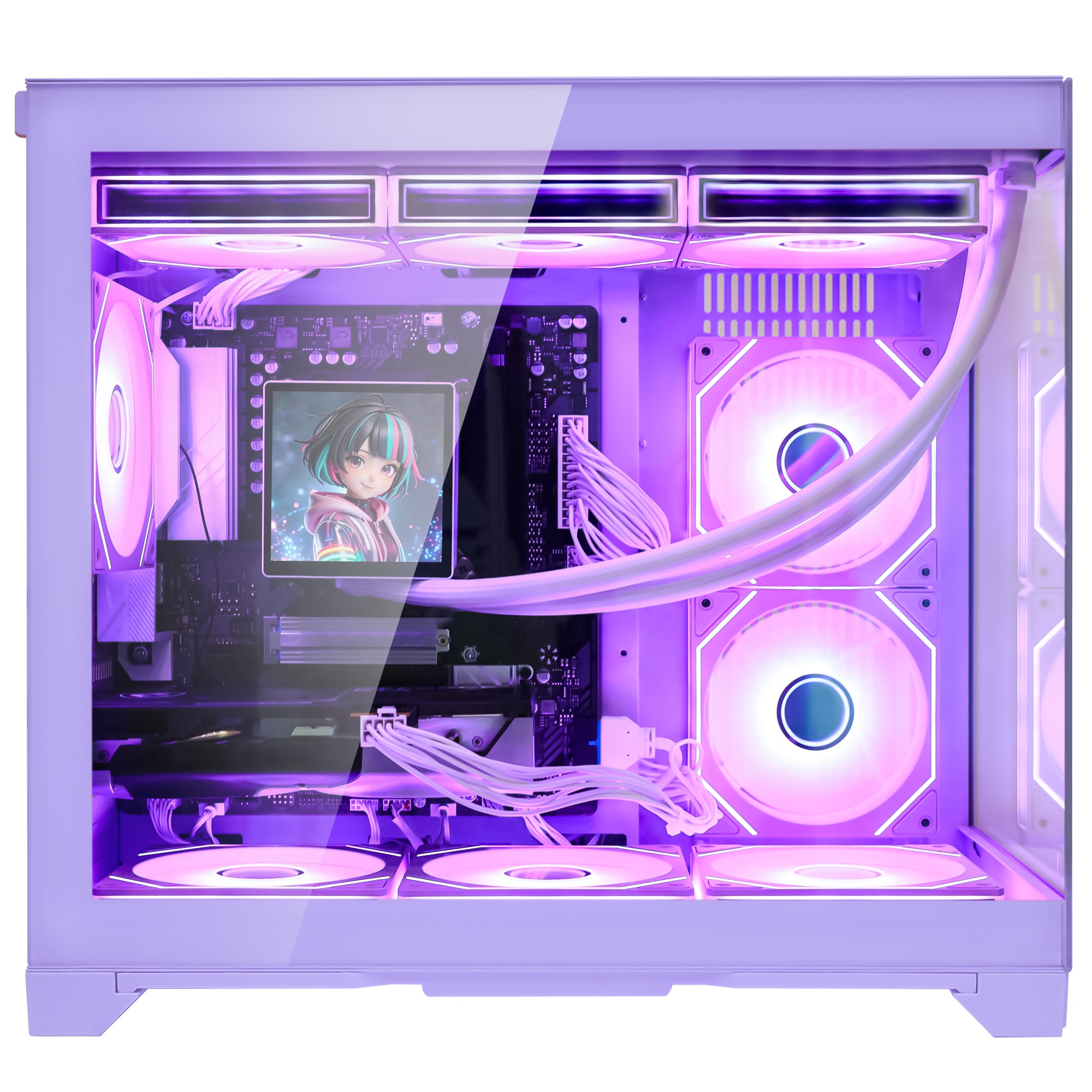 Hoengager Gaming PC RGB Color Straight Front view auto pink RGB by software purple case GeForce RTX 5070 12GB AMD Ryzen 7 9800X3D Software Control RGB AIO LCD Cooler with Custom Images & GIFs
