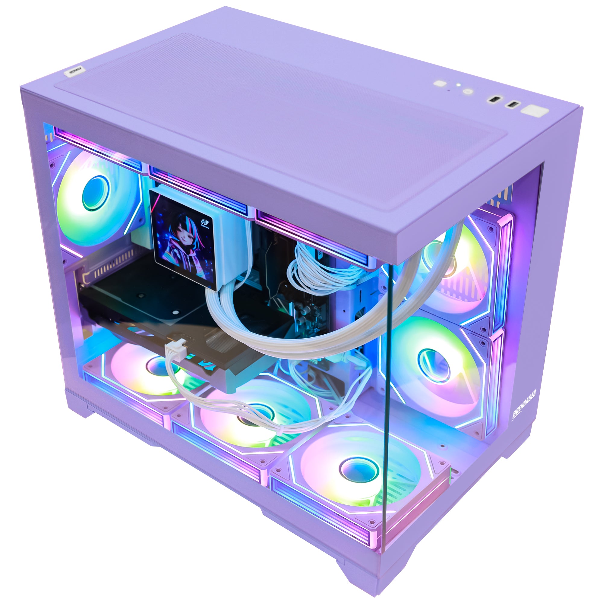 Hoengager Gaming PC RGB High-angle shot auto RGB by software purple case GeForce RTX 5070 12GB AMD Ryzen 7 9800X3D Software Control RGB AIO LCD Cooler with Custom Images & GIFs