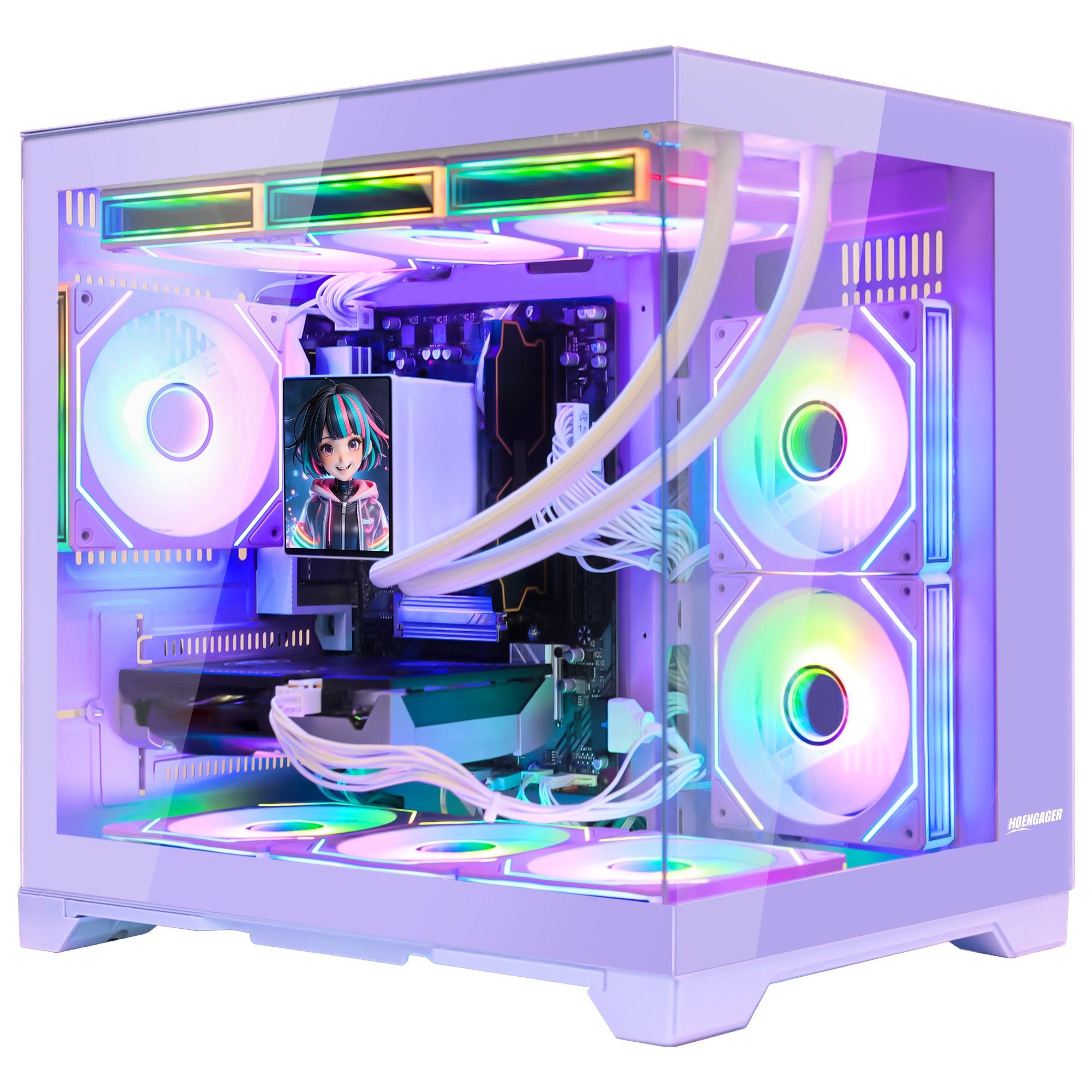 Hoengager Gaming PC RGB Color Front view auto RGB by software purple case GeForce RTX 5070 12GB AMD Ryzen 7 9800X3D Software Control RGB AIO LCD Cooler with Custom Images & GIFs