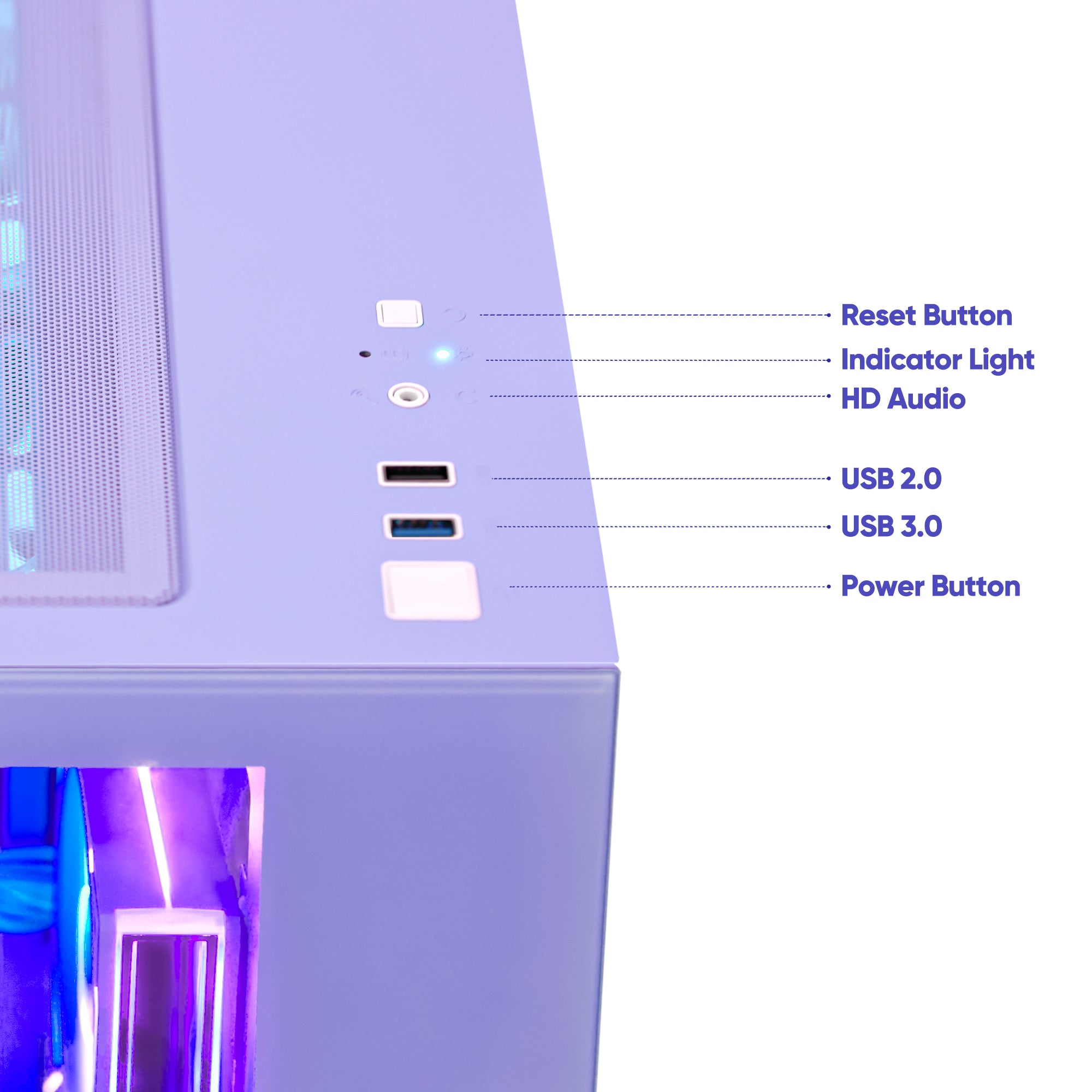 Hoengager Gaming PC front power button, USB ports, Audio port, indicator lights, reset button, blue case GeForce RTX 5070 12GB AMD Ryzen 7 9800X3D Software Control RGB AIO LCD Cooler with Custom Images & GIFs