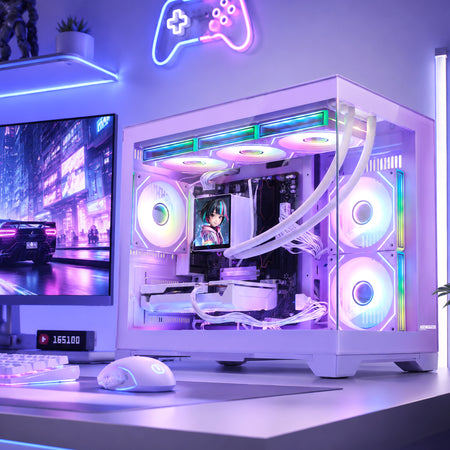 Hoengager Gaming PC on desktop application scenario photo GeForce RTX 5060 8GB AMD Ryzen 5 9600X Software Control RGB AIO LCD Cooler with Custom Images & GIFs