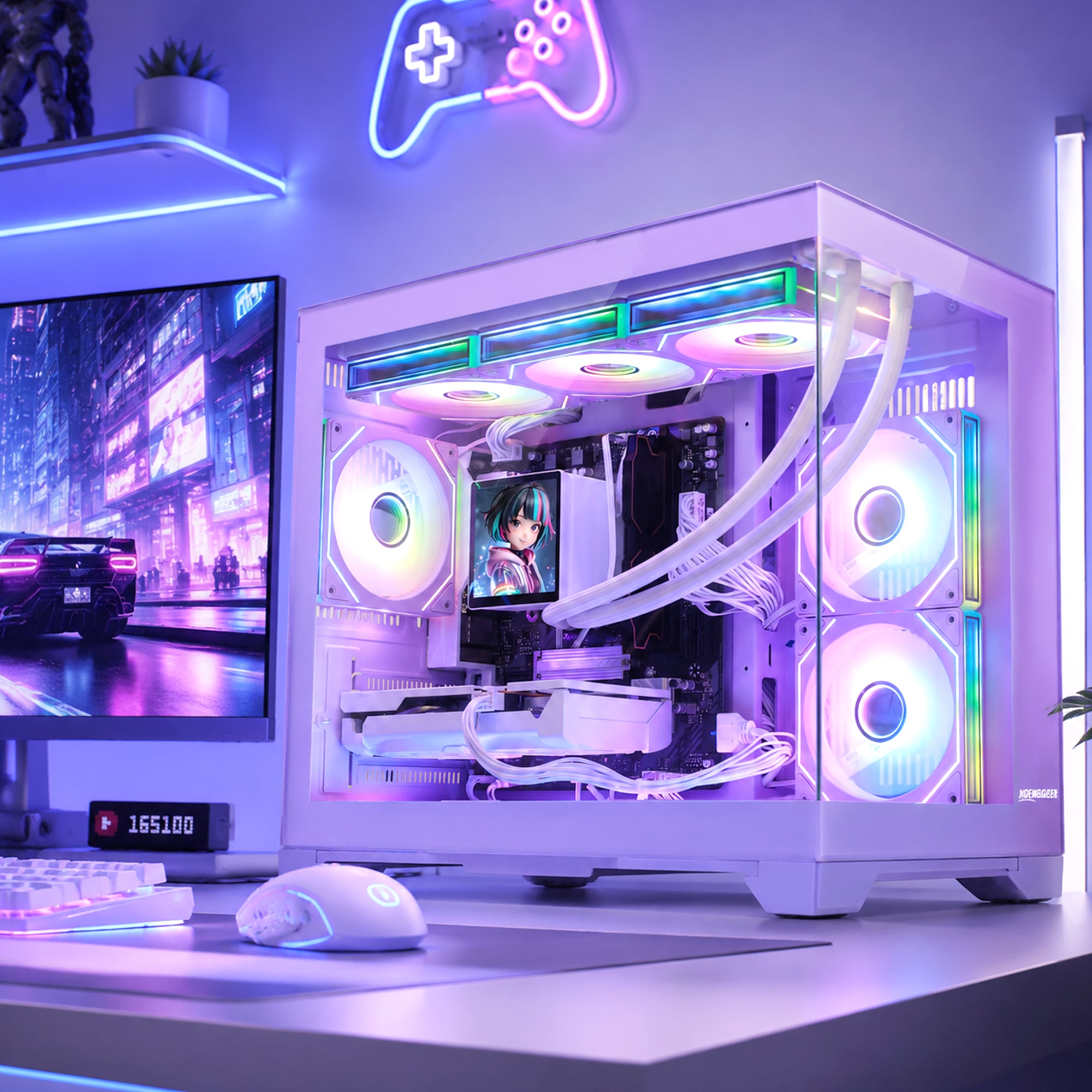 Hoengager Gaming PC on desktop application scenario photo GeForce RTX 5070 Ti 16GB AMD Ryzen 5 9600X Software Control RGB AIO LCD Cooler with Custom Images & GIFs