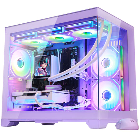 Hoengager Gaming PC RGB Color Front view auto RGB by software with purple mouse purple case Radeon RX 9060 XT 16GB AMD Ryzen 5 9600X Software Control RGB AIO LCD Cooler with Custom Images & GIFs